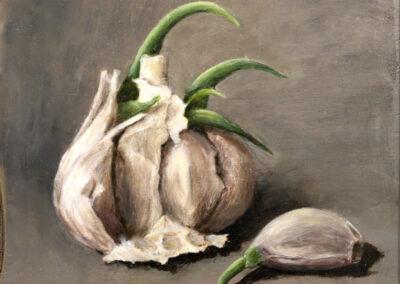 Garlic – new life sprouting from papery bulbs, oil and tempera on gesso board, 15 x 15 cm