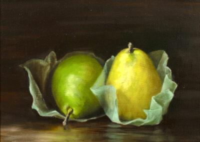Pears in paper, oil on board, 30 x 24 cm